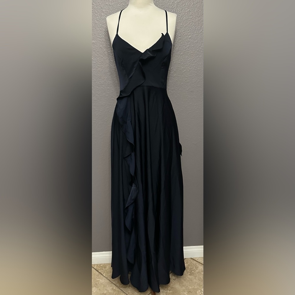 Lulus Stylish Grace Navy Blue Lace Up Ruffled Backless Maxi Formal Dress S, NEW - Picture 3 of 14
